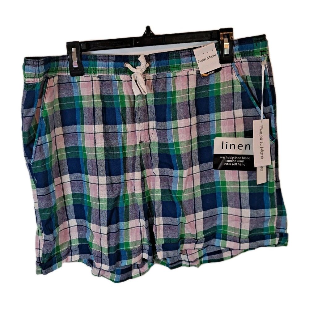 Purple & More Women's Linen Blend Plaid Shorts Size L Multi-color Drawstring